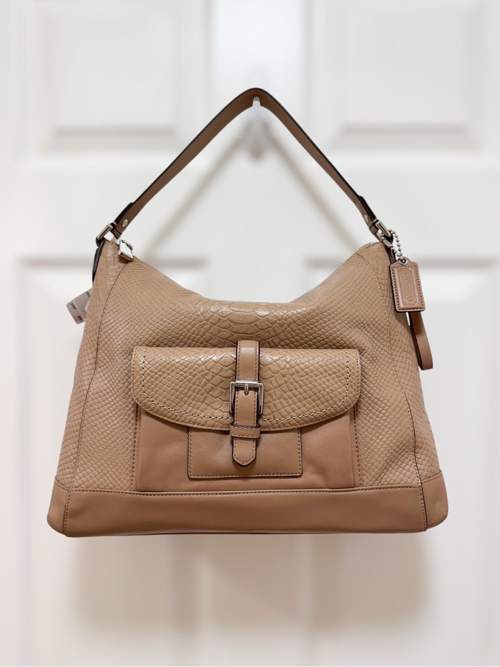 Coach Charlie Large Hobo Mushroom Beige Python Embossed Leather Bag NWT